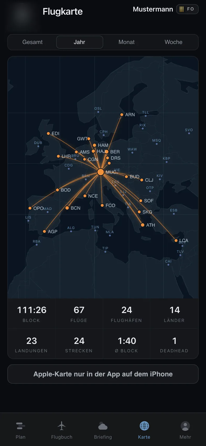 Flugkarte der App mit allen Strecken des Jahres